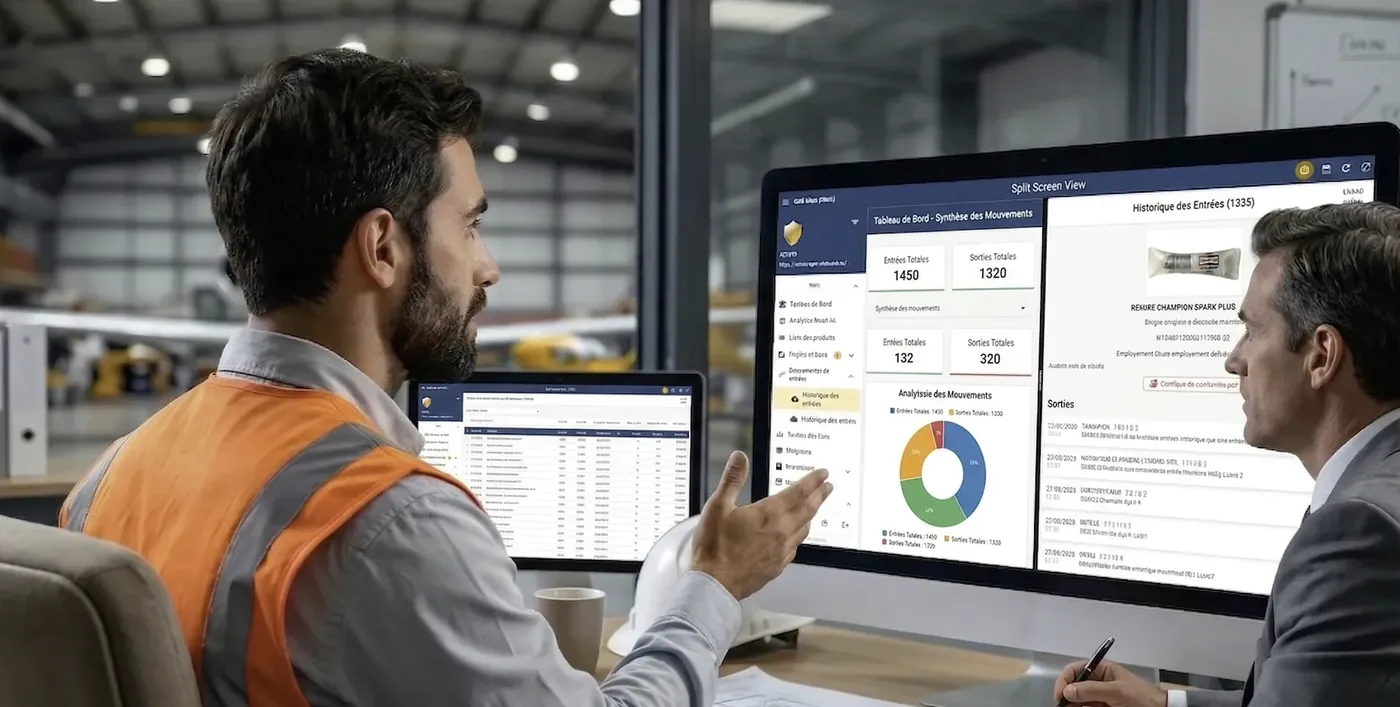 Responsable qualité présentant l'historique GSE-Web à un auditeur, écran partagé, bureau professionnel